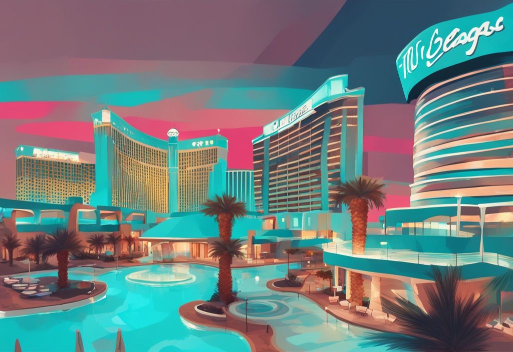 Moderne digitale Malerei eines lebhaften Las Vegas Resorts mit türkisfarbenem Farbschema und einem schwebenden Preisschild, das die Resortgebühr anzeigt