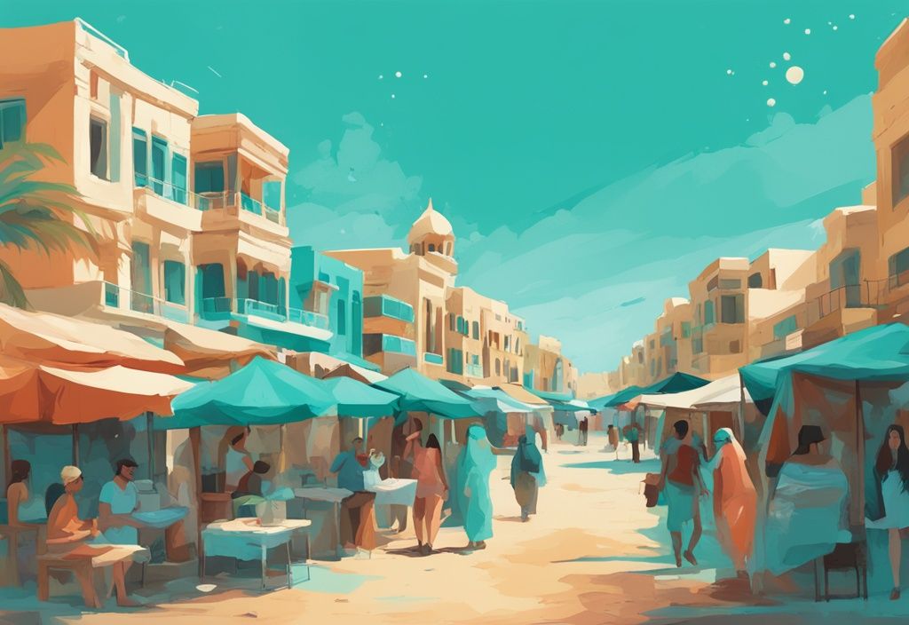 Moderne digitale Illustration der Sehenswürdigkeiten Hurghadas in Türkis, zeigt die lebendige Stadtlandschaft mit Stränden, Märkten und Wahrzeichen wie El Dahar Platz und Hurghada Marina.