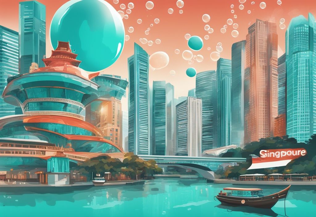 Moderne digitale Malerei von Singapurs Stadtbild in Türkis mit Infografikblasen, die singapur tipps und Top-Touristenattraktionen hervorheben.