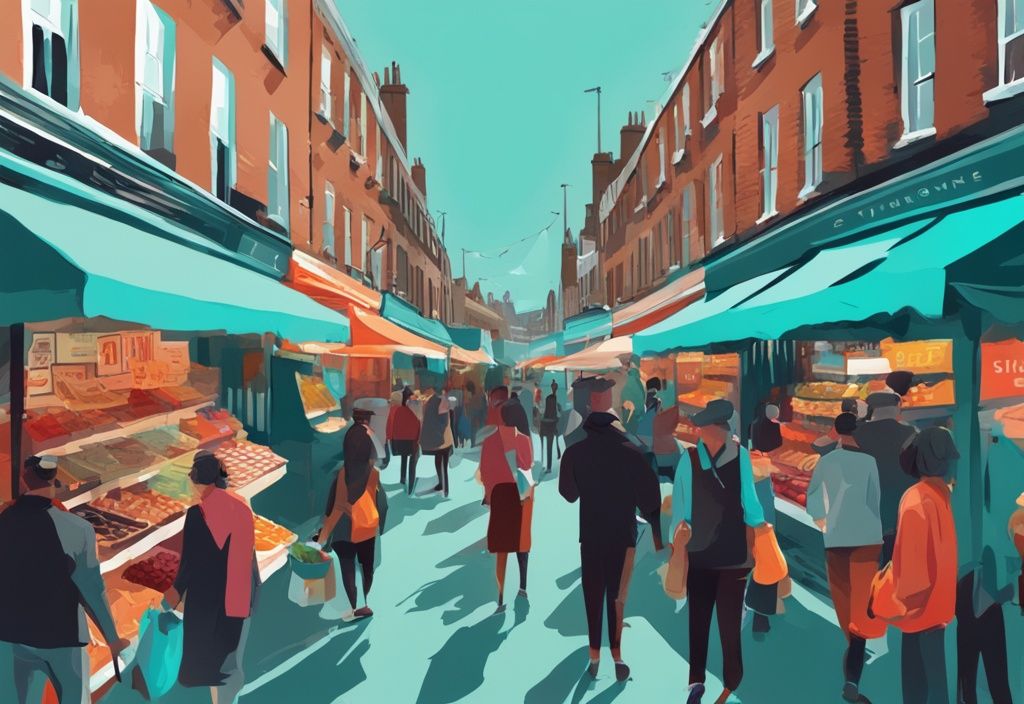 Modernes digitales Gemälde einer belebten Straße in London mit einem lebhaften Markt, der günstige Waren und erschwingliches Street Food in Türkis-Tönen zeigt.