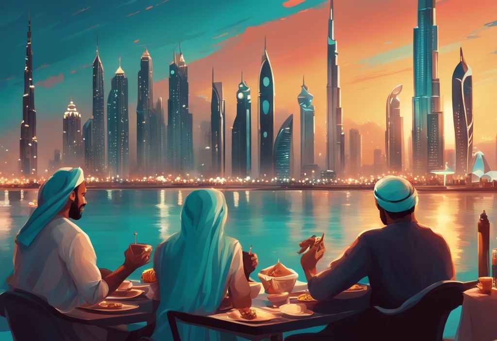 Moderne digitale Illustration mit türkisfarbenem Thema: Skyline von Dubai bei Sonnenuntergang während des Ramadan 2024, Menschen brechen ihr Fasten.