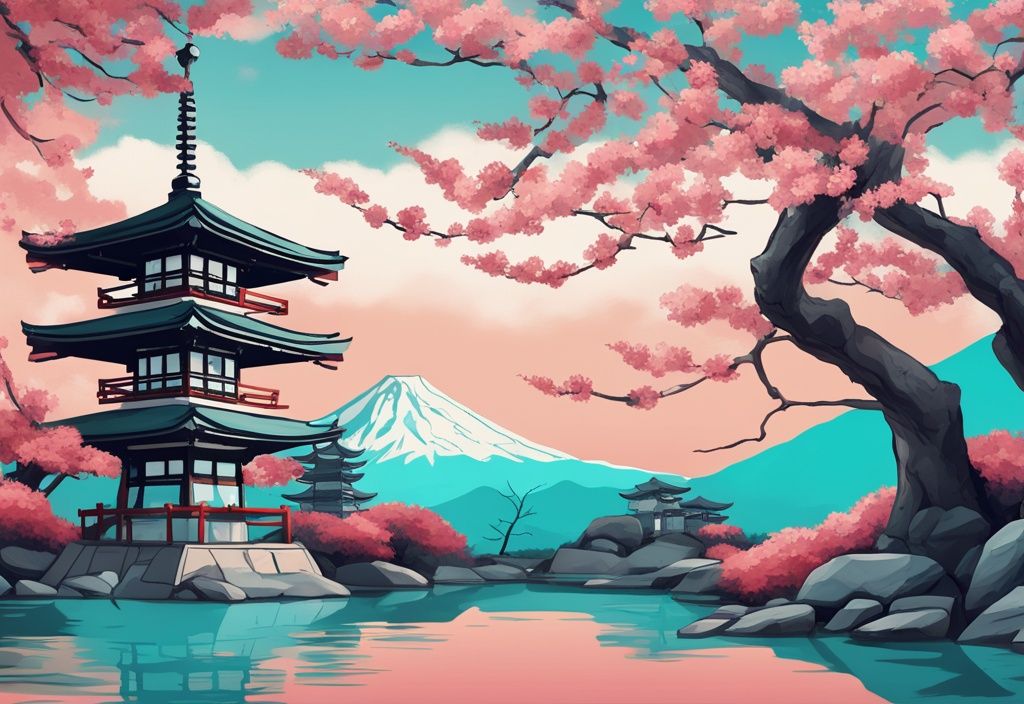 Moderne digitale Malerei eines traditionellen japanischen Teegartens mit einem blühenden Kirschbaum, einer Steinlaterne und dem Mount Fuji im Hintergrund, perfekt für Japan Urlaub.