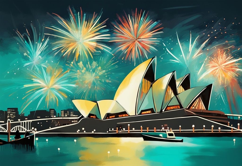 Moderne digitale Malerei mit türkisfarbenem Thema, zeigt Feuerwerk über Sydney Opera House und Harbour Bridge, jubelnde Menschenmengen am Wasser.