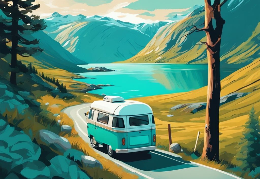 Moderne digitale Malerei mit türkisfarbenem Thema, malerische Straße entlang Norwegens Fjorde, Vintage-Wohnmobil fährt auf der Route