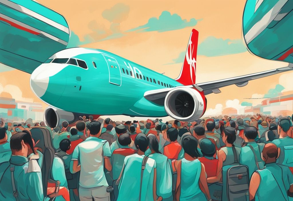 Moderne digitale Illustration in Türkis: AirAsia Flugzeug am Himmel mit glücklichen, diversen Passagieren, die aus den Fenstern schauen.