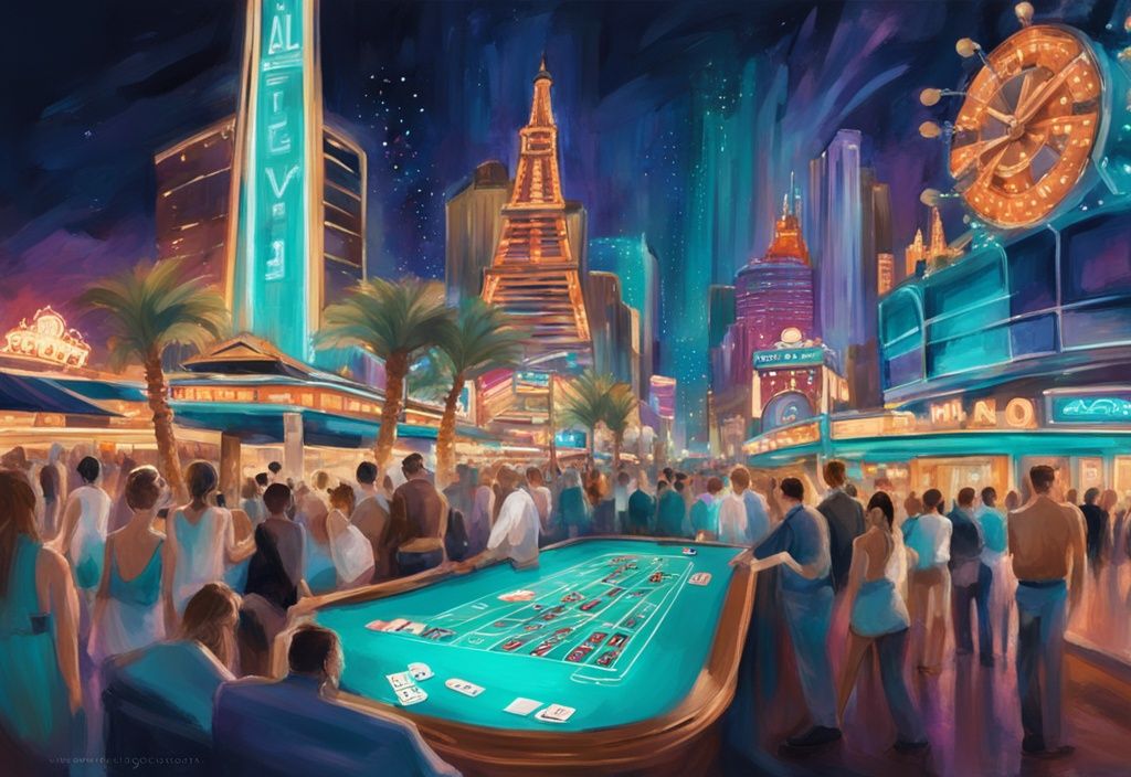 Moderne digitale Malerei der Las Vegas Strip bei Nacht, mit beleuchteten Casinos, belebten Menschenmengen und ikonischen Wahrzeichen wie dem Eiffelturm und den Bellagio-Brunnen, Hauptfarbthema Türkis.