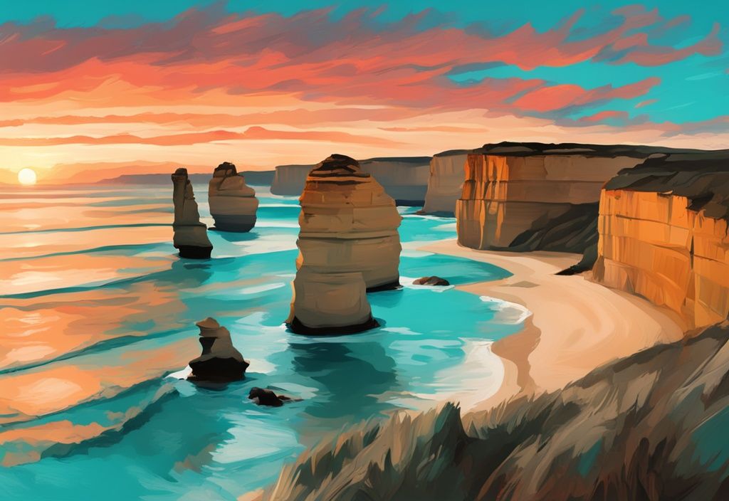 Moderne digitale Malerei der Twelve Apostles bei Sonnenuntergang, Panoramablick auf die ikonischen Kalksteinformationen im Port Campbell National Park, Hauptfarbe Türkis.