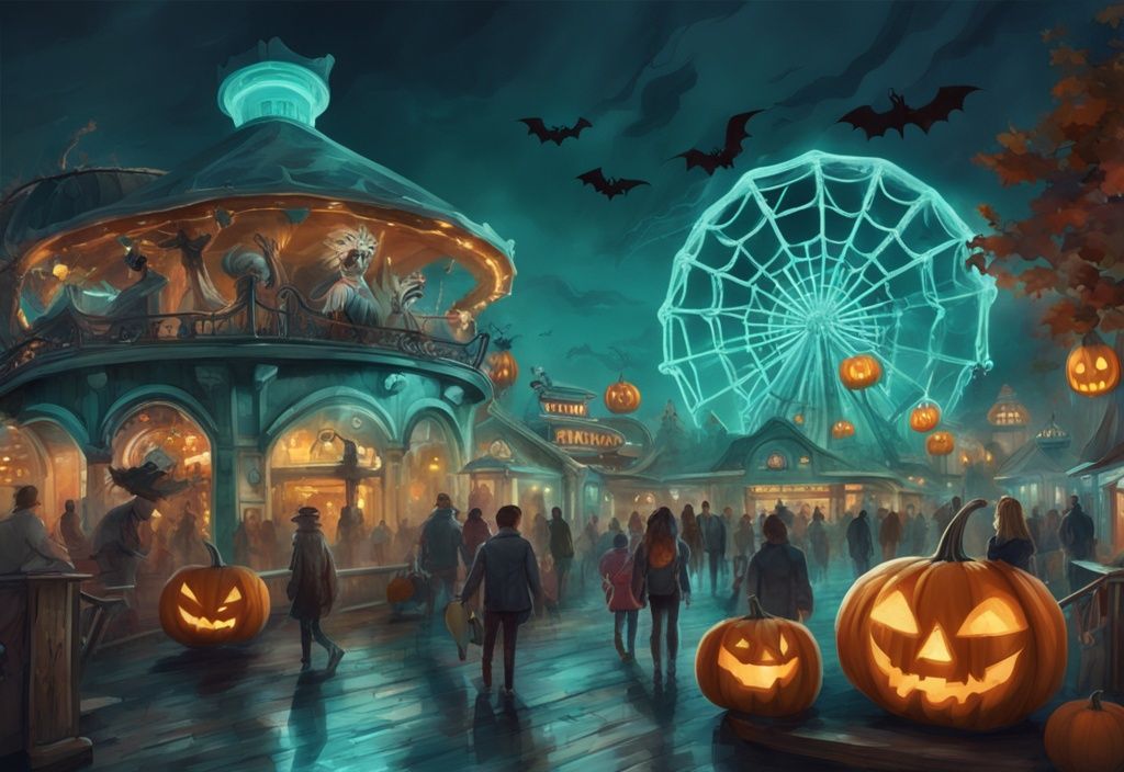 Moderne digitale Illustration von Europapark 2023 zu Halloween mit Besuchern, die gruselige Fahrgeschäfte und Attraktionen genießen, umgeben von Kürbissen, Spinnweben und unheimlichen Dekorationen, Hauptfarbe Türkis. Keyword: halloween europapark 2023.