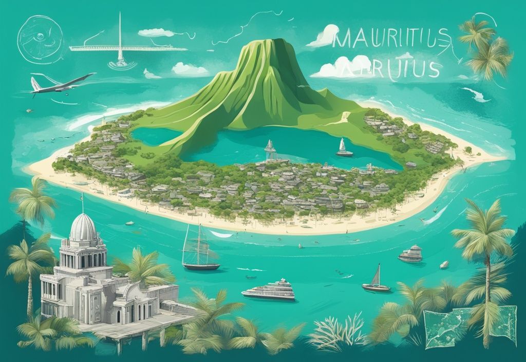 Moderne digitale Illustration mit türkisfarbenem Thema, die eine malerische Ansicht von Mauritius zeigt, mit einer Karte, die verschiedene Sehenswürdigkeiten und Attraktionen einer rundreise mauritius darstellt.