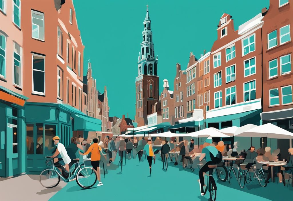 Moderne digitale Malerei von Groningen Stadtzentrum mit Martini-Turm, belebten Straßencafés und Radfahrern auf Kopfsteinpflasterstraßen in Türkis-Tönen.