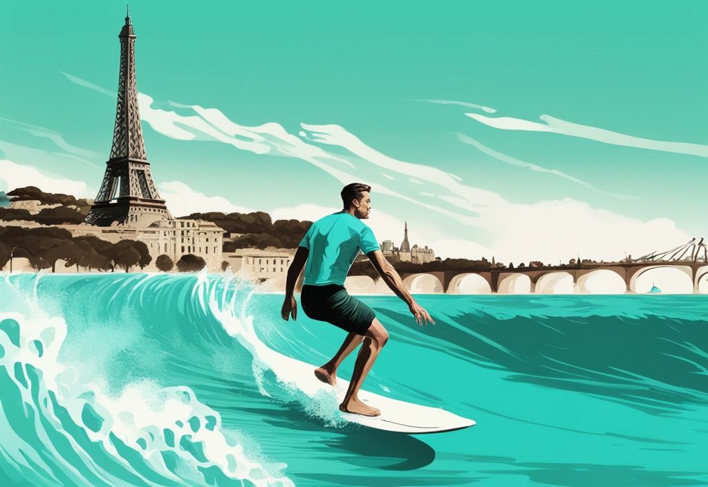 Moderner digitaler Malerei-Illustration mit einem Surfer auf einer Welle vor ikonischen europäischen Wahrzeichen wie dem Eiffelturm und dem Kolosseum, Hauptfarbe Türkis