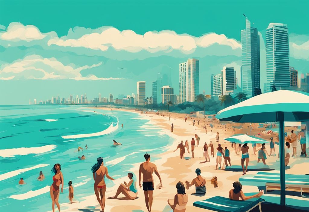 Moderne digitale Malerei einer lebhaften Strandszene in Türkis mit Menschen, die die Sonne, Wellen und den Sand genießen, und der ikonischen Skyline von Tel Aviv im Hintergrund, urlaub tel aviv.