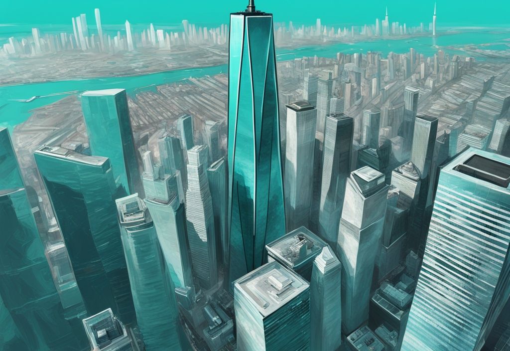 Moderne digitale Malerei mit türkisfarbenem Thema, die eine atemberaubende Luftaufnahme vom One World Trade Center Observation Deck und die darunter liegende weitläufige Stadtlandschaft zeigt.