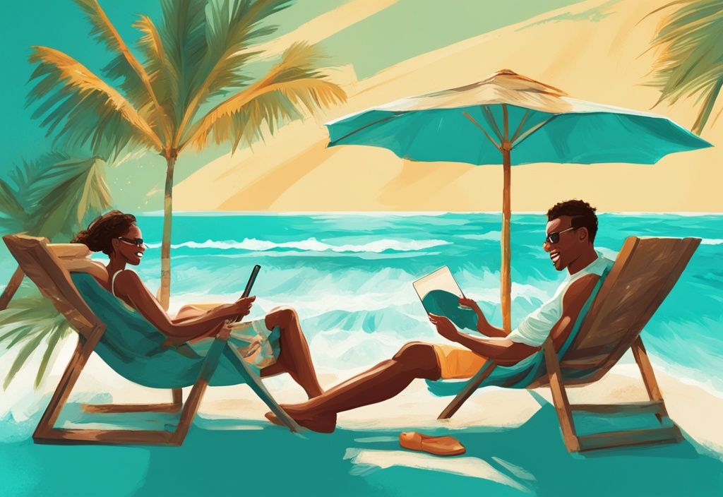 Glückliches Paar am Strand von Barbados mit Tablet und 5-Sterne-Bewertung, moderne digitale Illustration in Türkis.