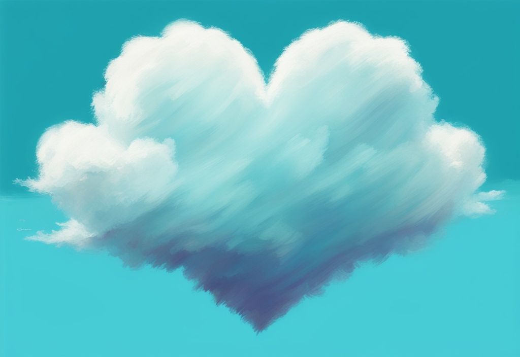 Herzförmige Wolke im klaren blauen Himmel, moderne digitale Illustration in Türkis.