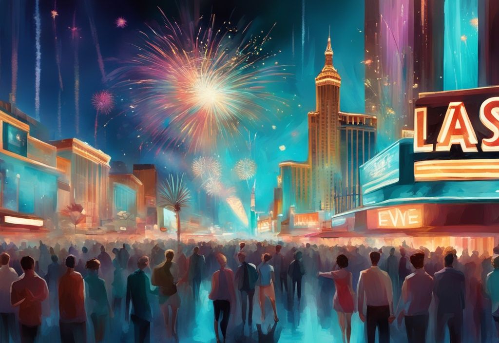 Moderne digitale Malerei der Las Vegas Strip mit buntem Feuerwerk und Menschenmengen, die Silvester feiern, in Türkis-Tönen.