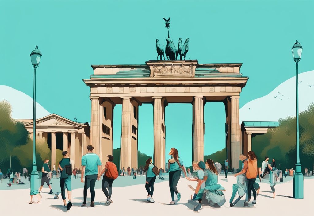 Junge Erwachsene erkunden die Wahrzeichen Berlins wie das Brandenburger Tor und die East Side Gallery und machen ein Picknick im Tiergarten, moderne digitale Illustration in Türkis.