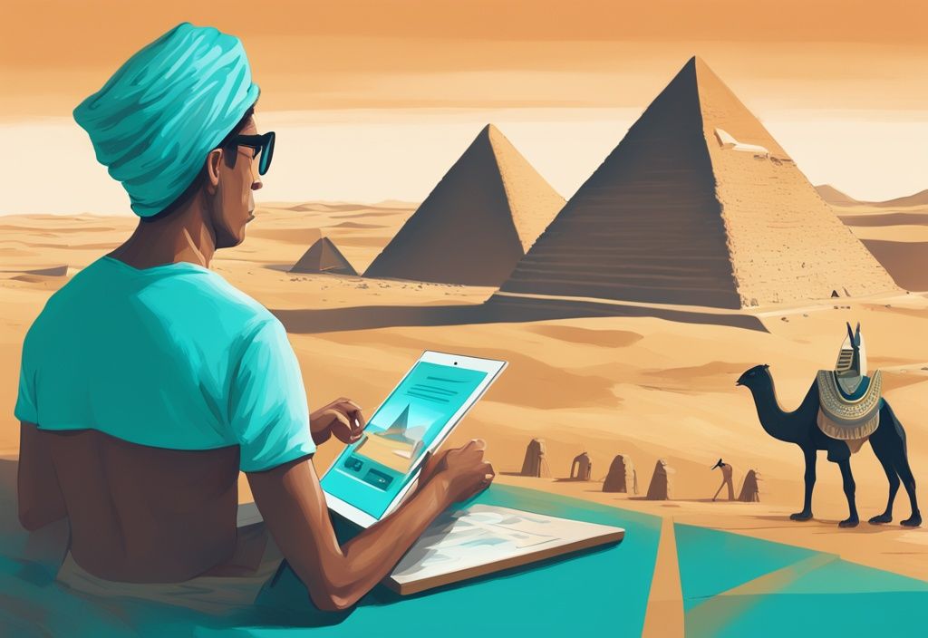 Besorgter Reisender liest TUI Reisewarnung für Ägypten auf Tablet, im Hintergrund verschwommene ägyptische Wahrzeichen wie Pyramiden und Sphinx, Hauptfarbe Türkis