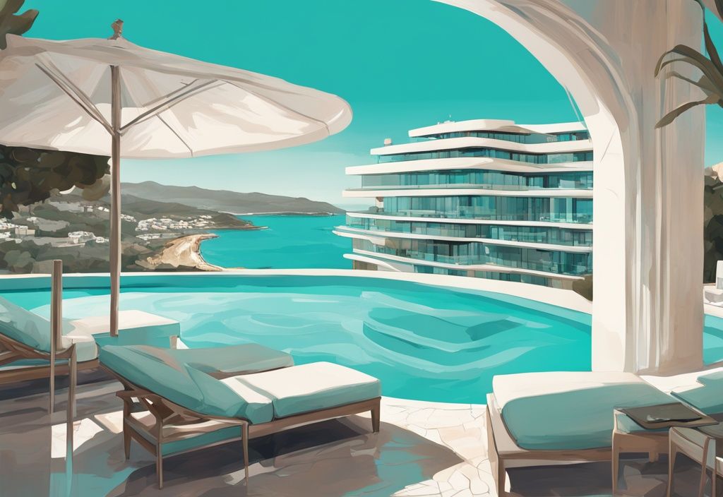 Panoramablick auf das teuerstes Hotel Ibiza mit luxuriöser Architektur, prächtigem Poolbereich und atemberaubendem Meerblick in einer modernen digitalen Illustration in Türkis.