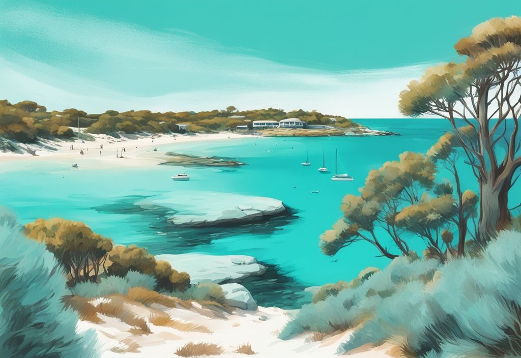 Moderne digitale Malerei von Rottnest Island mit malerischen Stränden, lebhaftem türkisfarbenem Wasser und ikonischen Quokkas in ihrer natürlichen Umgebung.