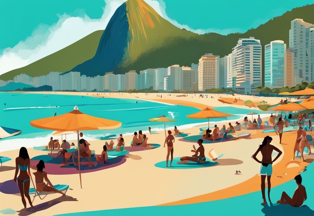 Moderne digitale Malerei von Copacabana Strand in Türkis, mit spielenden Menschen, bunten Sonnenschirmen und Zuckerhut im Hintergrund.