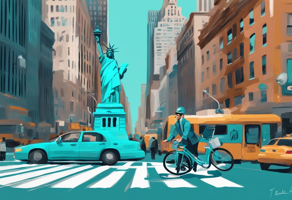 Moderne digitale Illustration einer belebten New Yorker Straße mit einem leuchtend blauen Citi Bike nahe der Freiheitsstatue; Hauptfarbe Türkis. Keywords: Citi Bike New York.