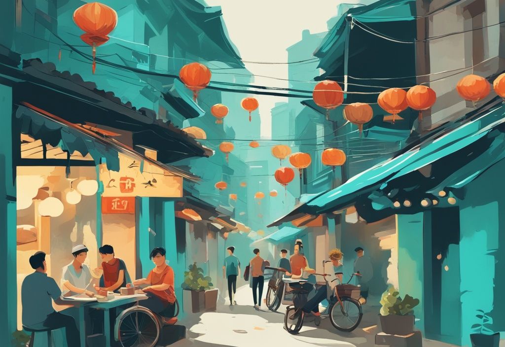 Moderne digitale Malerei von Hanois Altstadt mit Einheimischen beim Streetfood und einem Reisenden mit Karte, der nach Hanoi Geheimtipps sucht.