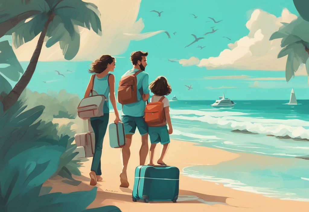 Moderne digitale Malerei, glückliche Familie erkundet einen wunderschönen Strandurlaub, Gepäck mit "Pauschalreise"-Aufkleber, stressfreies Reiseerlebnis, Hauptfarbe Türkis