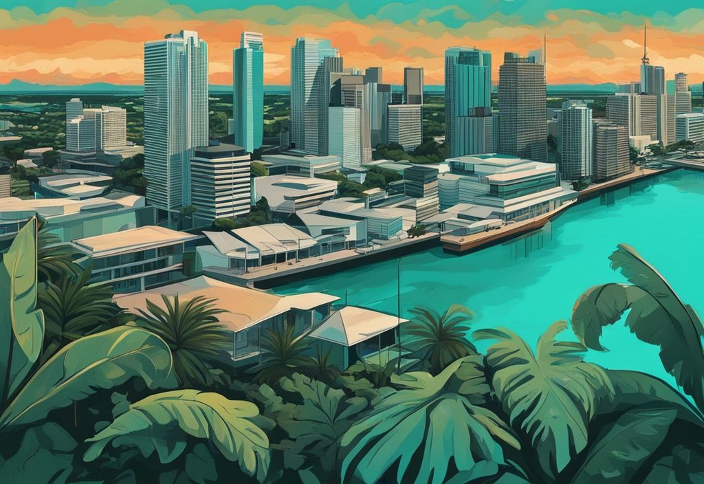 Moderne digitale Malerei von Darwin Australien Skyline bei Sonnenuntergang, mit Hafen im Vordergrund und üppiger tropischer Vegetation im Hintergrund, Hauptfarbe Türkis.