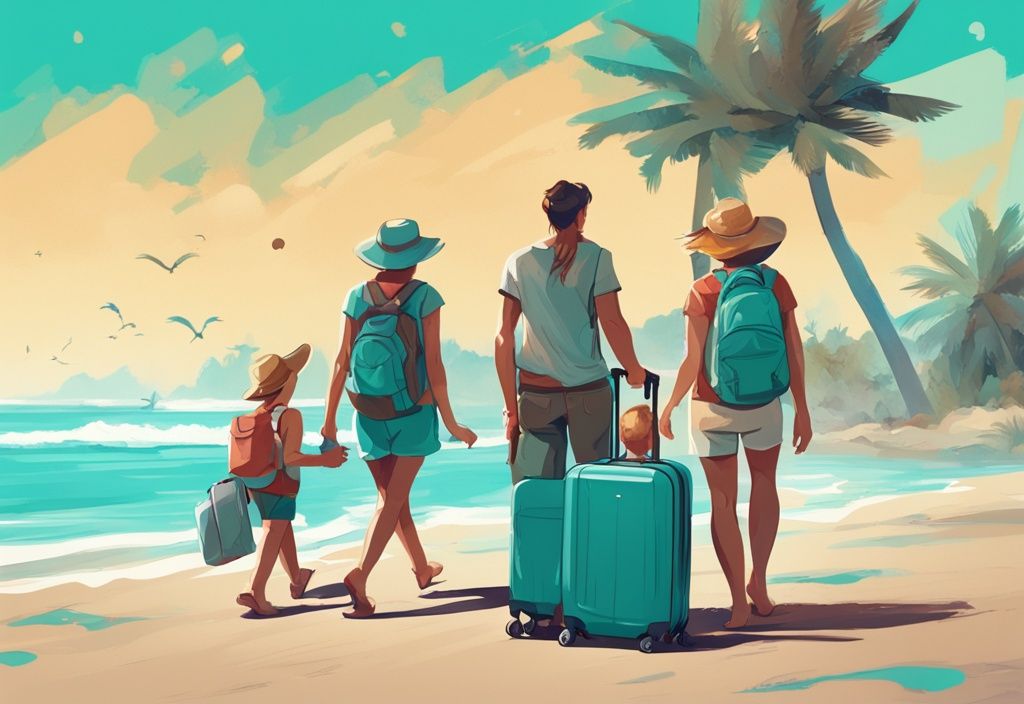 Moderne digitale Malerei einer glücklichen Familie, die einen wunderschönen Strand erkundet, mit türkisfarbener Farbpalette und Gepäck mit "Pauschalreise"-Sticker für stressfreies Reisen.