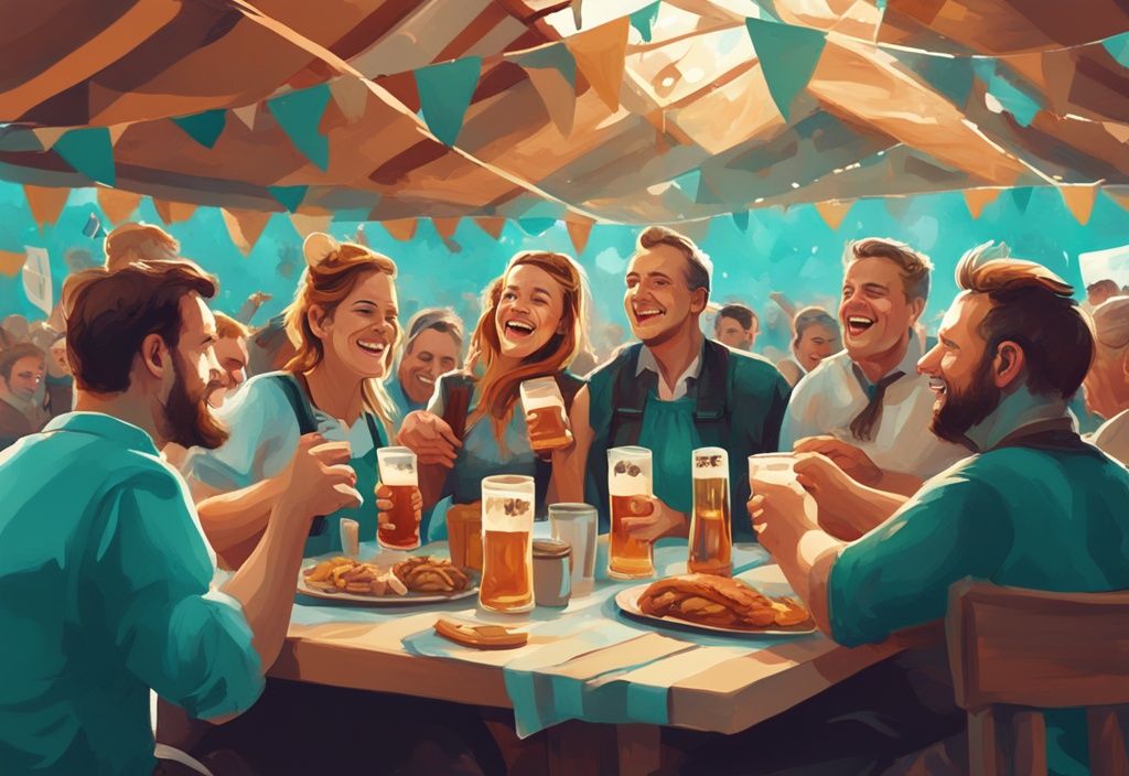 Illustration eines modernen digitalen Gemäldes in Türkis, das eine lebhafte Szene eines lokalen Oktoberfestes zeigt, bei dem Menschen traditionelles deutsches Essen, Bier, Musik und Spiele genießen – perfekt für Oktoberfeste in der Nähe.