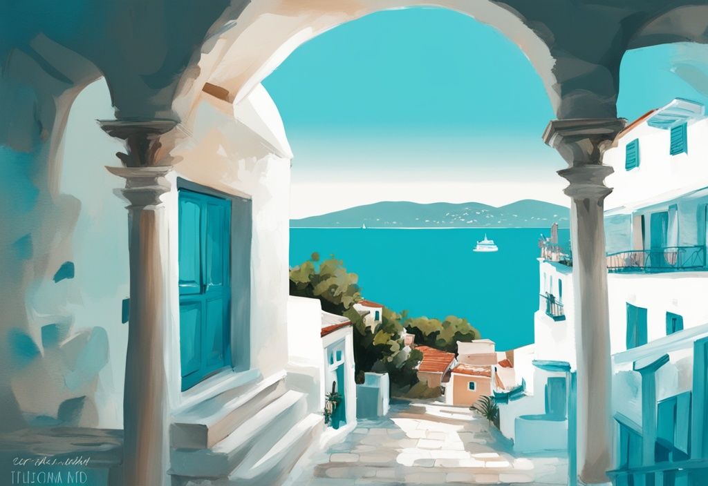 Moderne digitale Malerei von Skopelos Insel in Griechenland, weiße Gebäude, blaue Kuppeln, türkisfarbenes Ägäisches Meer, bekannt aus dem Film Mamma Mia.