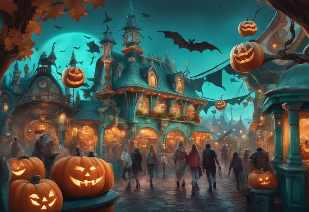 Moderne digitale Illustration von EuropaPark Halloween 2023 in Türkis, mit geschnitzten Kürbissen, kostümierten Besuchern und gruseligen Fahrgeschäften.