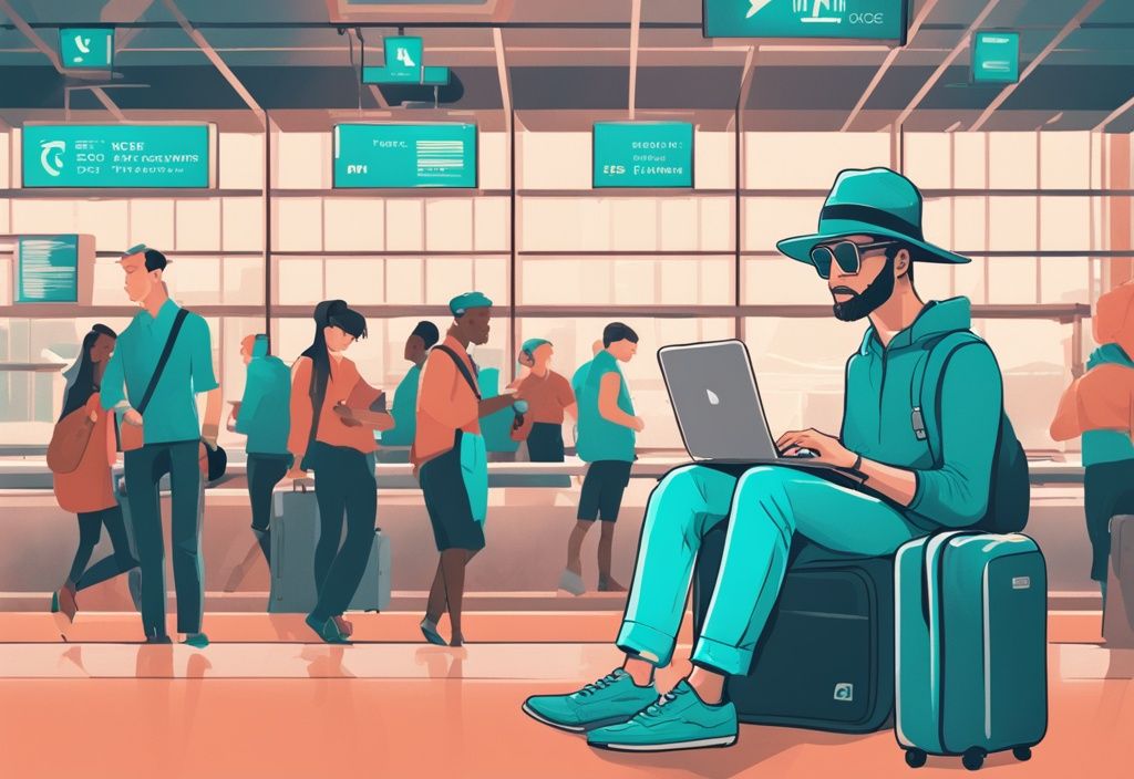 Moderner digitaler Gemälde-Illustration eines cleveren Reisenden im geschäftigen Flughafen-Terminal, der heimlich kostenloses WLAN auf seinem Laptop nutzt, mit sichtbarem WLAN-Symbol und einem subtilen, schelmischen Lächeln auf dem Gesicht; flughafen wlan trick.