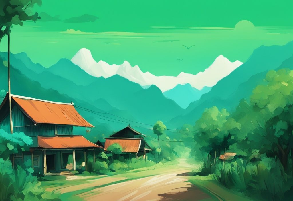 Moderne digitale Illustration einer üppigen, grünen Landschaft in Thailands Norden mit traditionellen thailändischen Dorf am Fuße der Berge, Hauptfarbe Türkis.