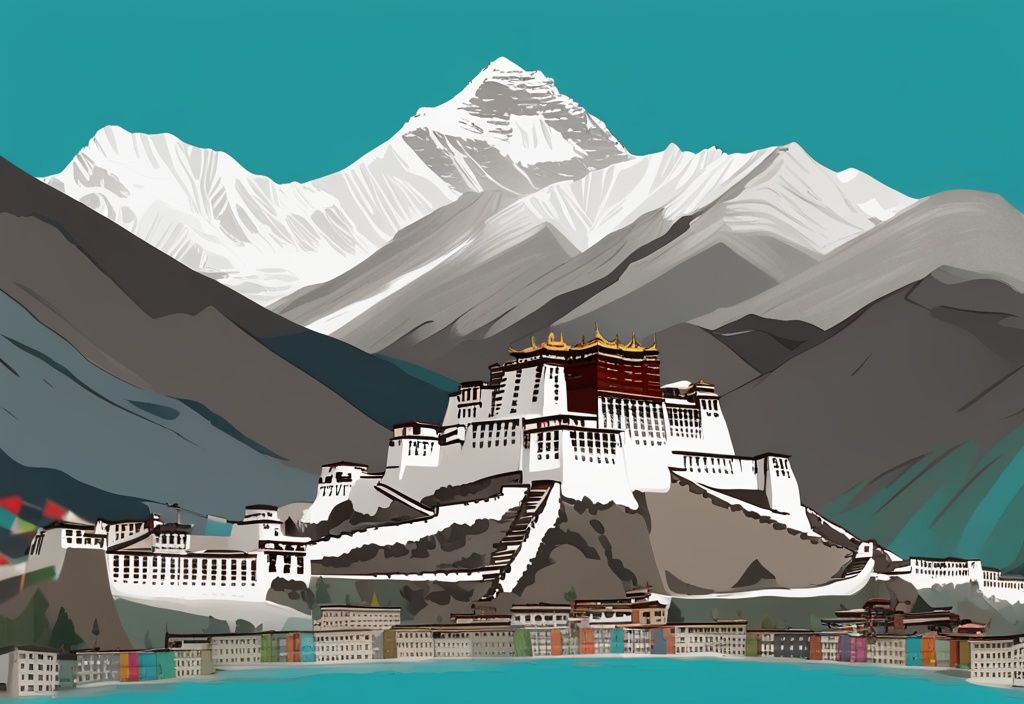 Moderne digitale Malerei des Potala-Palastes in Lhasa mit wehenden Gebetsfahnen und majestätischen Himalaya-Bergen im Hintergrund, Hauptfarbthema Türkis, ideal für Tibet Reisen.