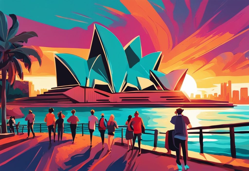 Modernes digitales Gemälde einer lebhaften Sonnenuntergangsszene über dem ikonischen Sydney Opera House mit einer Gruppe aufgeregter Touristen im Vordergrund, bereit zur Erkundung – australien reise.