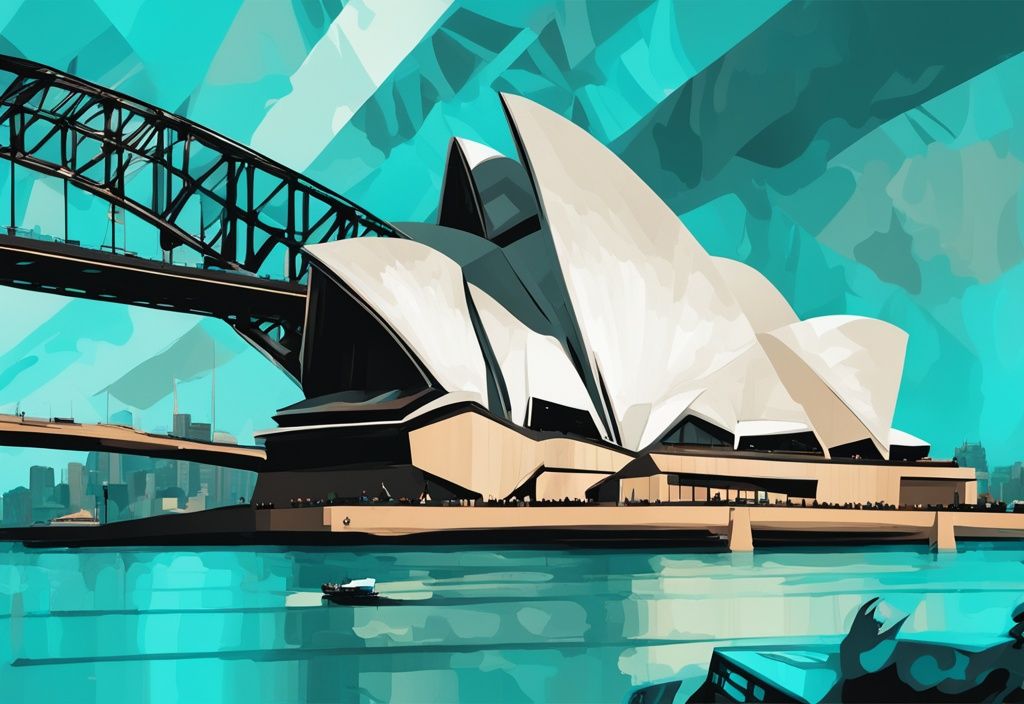 Moderne digitale Malerei der Sydney Oper mit der Harbour Bridge im Hintergrund, umgeben vom pulsierenden Stadtleben, Hauptfarbton Türkis.