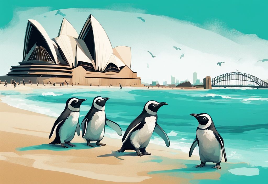 Niedliche Pinguine am Strand von Australien mit Sydney Opernhaus im Hintergrund, moderne digitale Illustration in Türkis.