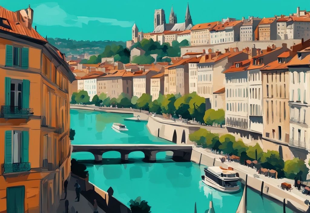 Moderne digitale Malerei von Lyon mit der Basilika Notre-Dame de Fourvière und dem Viertel Vieux Lyon, Urlauber genießen ihren Lyon Urlaub.