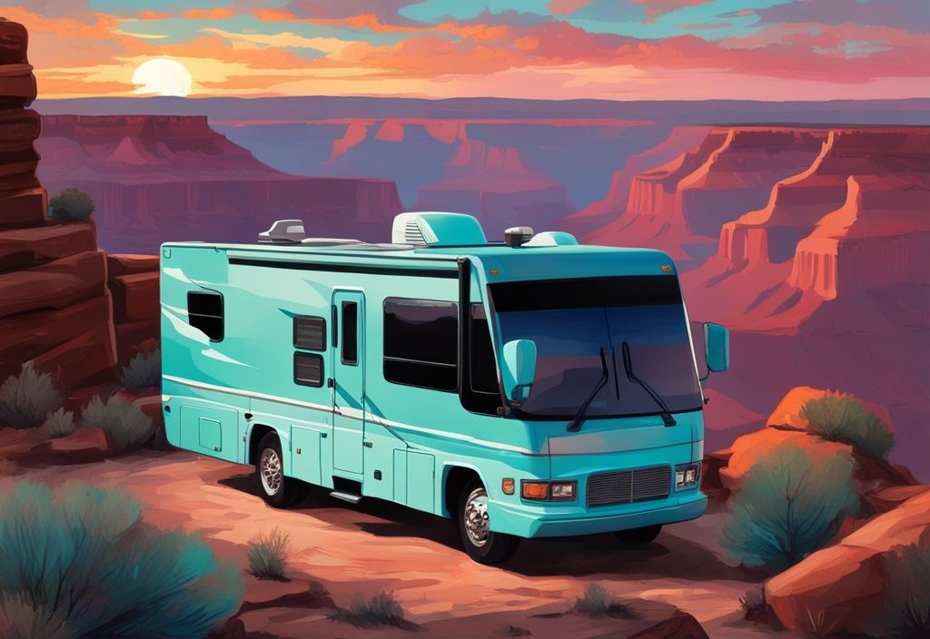 Digitales Gemälde eines Wohnmobils am Aussichtspunkt mit Sonnenuntergang über dem Grand Canyon, Hauptfarbe Türkis