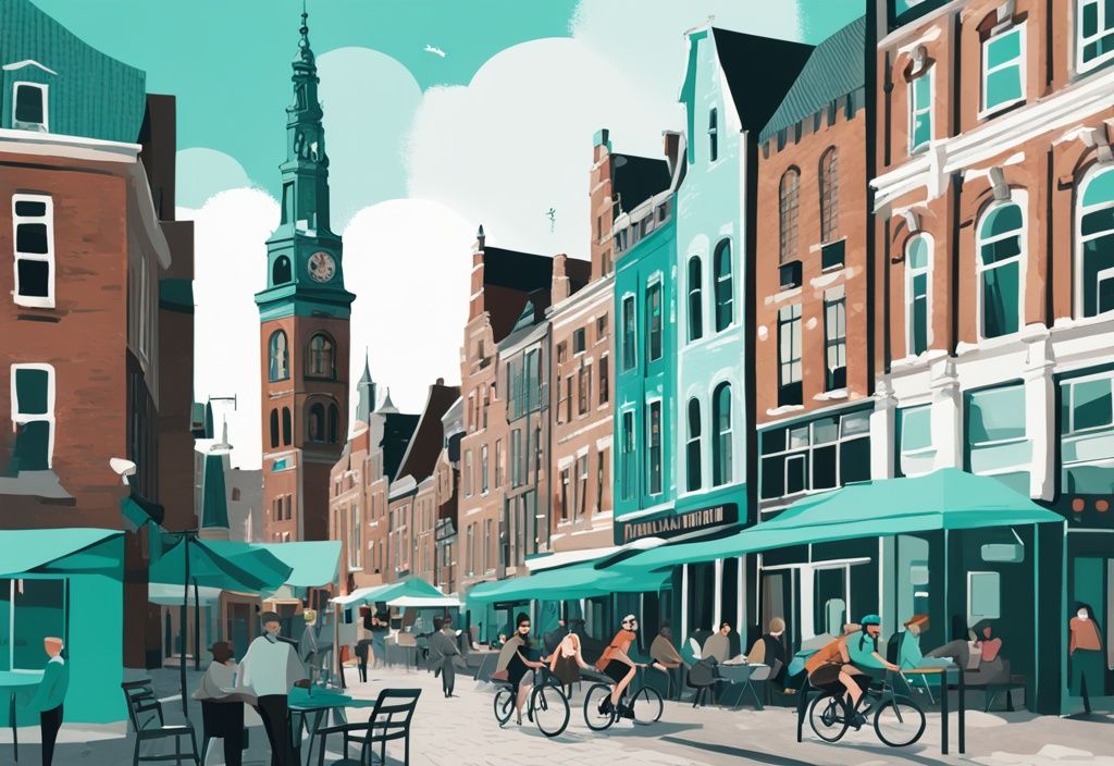 Moderne digitale Malerei von Groningen Stadtzentrum, mit Martini Turm, belebten Straßencafés und Radfahrern auf Kopfsteinpflasterstraßen in Türkis-Tönen.