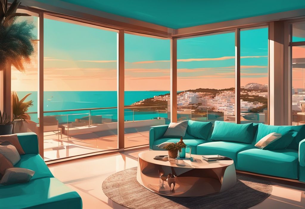 Moderne digitale Malerei einer stilvollen Wohnung mit Terrasse und Blick auf die Küste von Ibiza bei Sonnenuntergang, Hauptfarbe Türkis