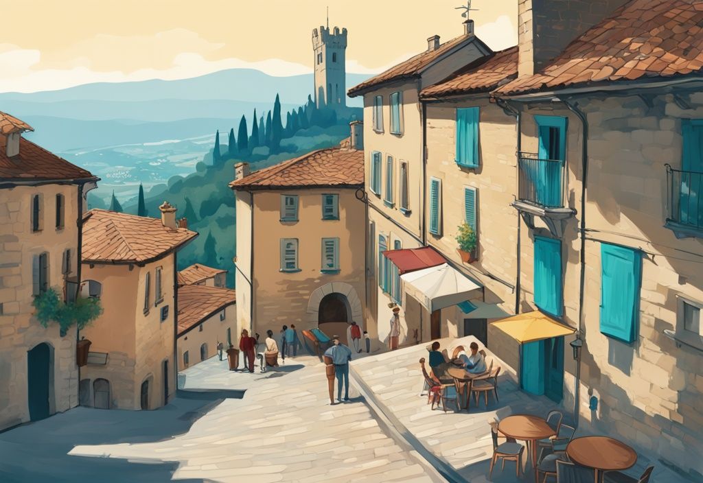 Moderne digitale Malerei der mittelalterlichen Türme von San Marino mit Touristen in den Straßen der Altstadt und einem Café auf der Terrasse, Hauptfarbe Türkis