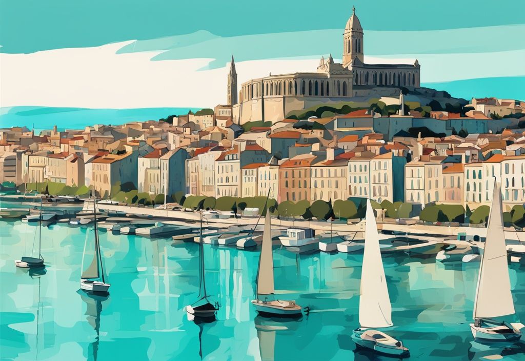 Moderne digitale Malerei des Alten Hafens von Marseille mit Segelbooten und der Basilika Notre-Dame de la Garde im Hintergrund, ideal für Marseille Urlaub.