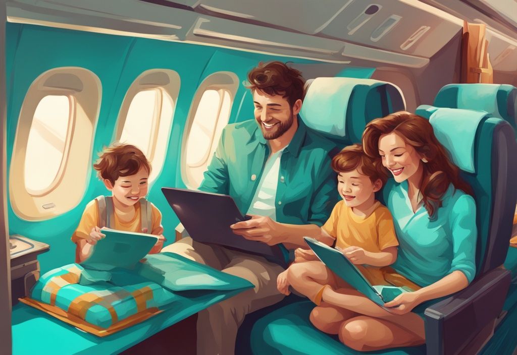 Moderne digitale Illustration einer Familie auf einer Flugreise mit Kindern, die Eltern helfen ihren Kindern beim Malen und Spielen, Hauptfarbe Türkis.