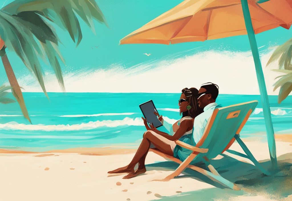 Modernes digitales Gemälde eines glücklichen Paares am malerischen Strand von Barbados mit einem Tablet, das eine 5-Sterne-Bewertung ihres Urlaubs zeigt, Hauptfarbe Türkis.