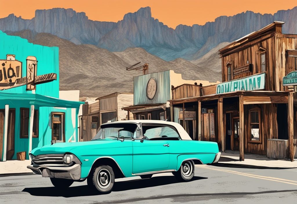 Moderne digitale Malerei von einem Vintage-Auto, das durch die historische Stadt Oatman auf der Route 66 fährt, mit alten Holzhäusern und Route 66 Schildern im Hintergrund, Hauptfarbe Türkis