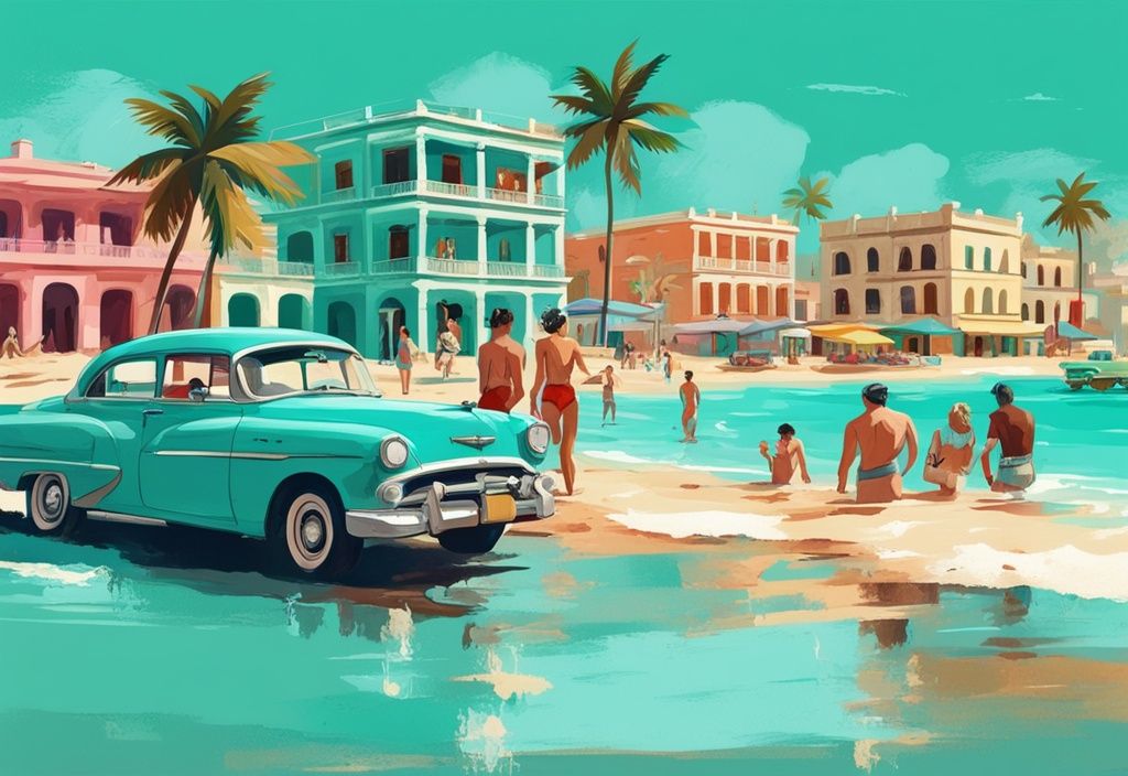 Moderne digitale Malerei von Touristen, die im klaren blauen Wasser eines kubanischen Strandes baden, mit Vintage-Autos und bunten Kolonialgebäuden im Hintergrund, Hauptfarbe Türkis.