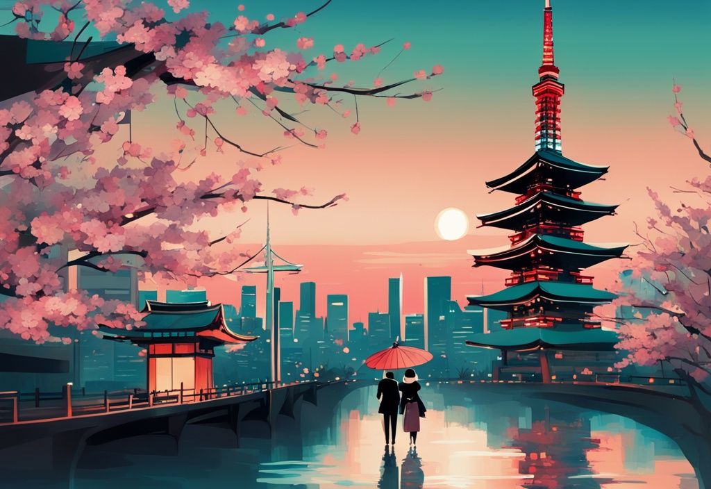 Moderne digitale Malerei von Tokios Skyline bei Sonnenuntergang mit beleuchtetem Tokyo Tower, Paar in traditionellen Kimonos und blühenden Kirschblüten in Türkis.